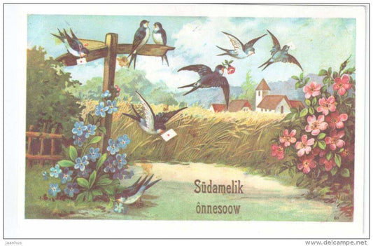 Birthday Greeting Card - birds - flowers -swallow - REPRODUCTION ! - 1990 - Estonia USSR - used - JH Postcards
