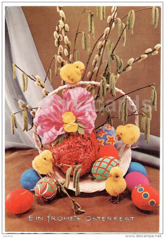 Easter greeting card - Ein frohes Osterfest - eggs - chicken - von Jacquin - sent from Austria to Estonia 1977 - JH Postcards