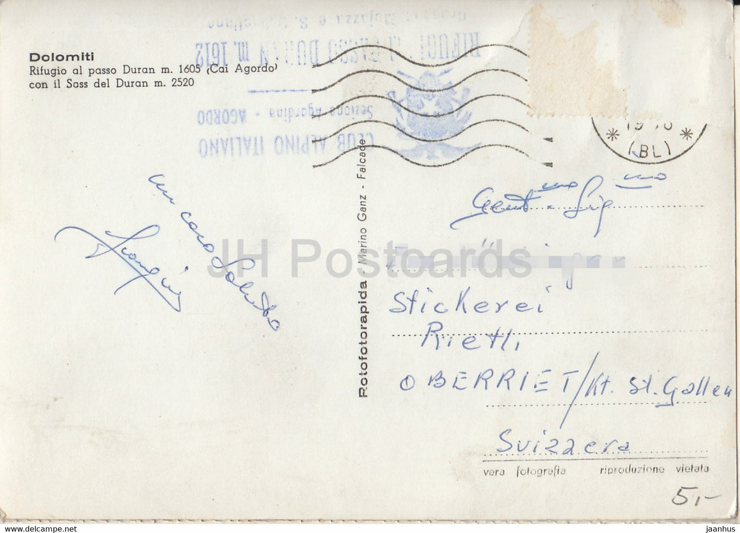 Dolomiti - Rifugio al passo Duran 1605 m - Cai Agordo - con il Sass del Duran 2520 m - car - 1963 - Italy - used