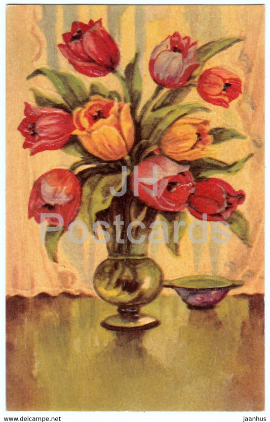 flowers - tulips in a vase - illustration - SP - old postcard - France - unused - JH Postcards