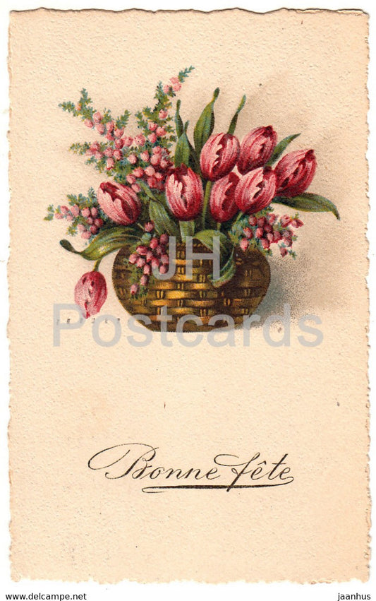 Birthday Greeting Card - Bonne Fete - flowers in a basket - 2828 - illustration - old postcard - 1920 - Switzerland used - JH Postcards