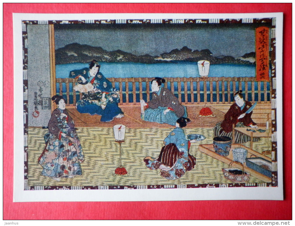engraving by Utagawa Toyokuni - Scene on the Terrasse - Japanese colour print - japanese art - unused - JH Postcards