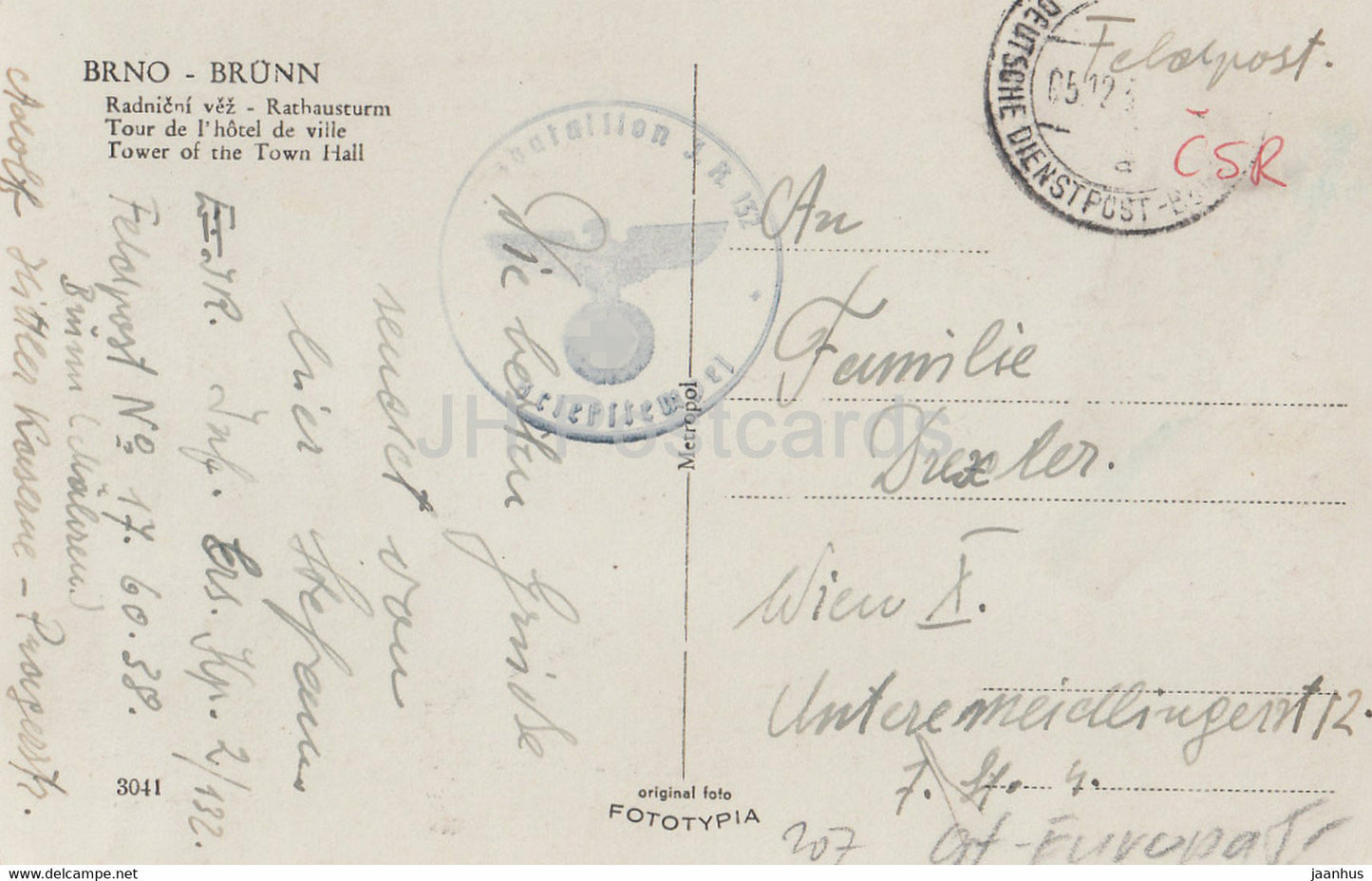 Brno - Brunn - Radnicni vez - Rathausturm - Tower of the Town Hall - Feldpost - old postcard - Czech Republic - used