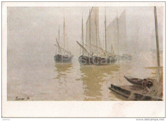 painting by Y. Romas - The Fog - sailing boat - russian art - unused - JH Postcards