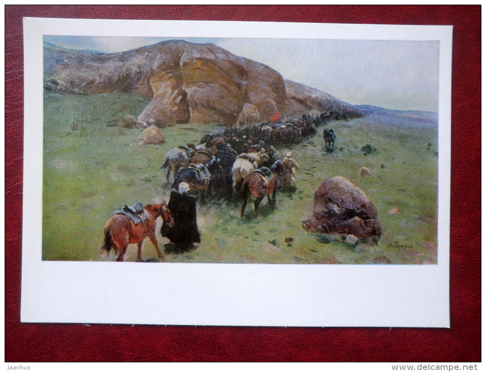 painting by M. Grekov , On The March. First Cavalry Army 1927 - horses - red flag - russian art - unused - JH Postcards
