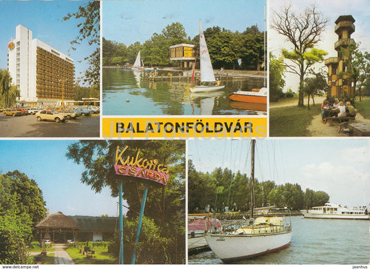 Balaton - Balatonfoldvar - hotel - sailing boat - car  - tower - multiview - 1970s - Hungary - used - JH Postcards