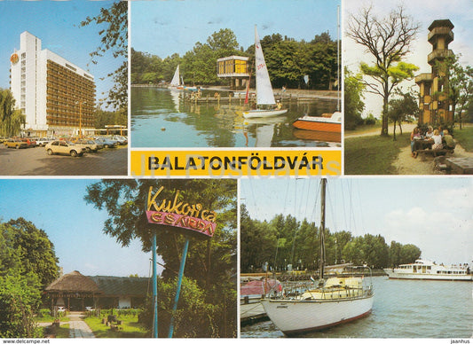 Balaton - Balatonfoldvar - hotel - sailing boat - car  - tower - multiview - 1970s - Hungary - used - JH Postcards