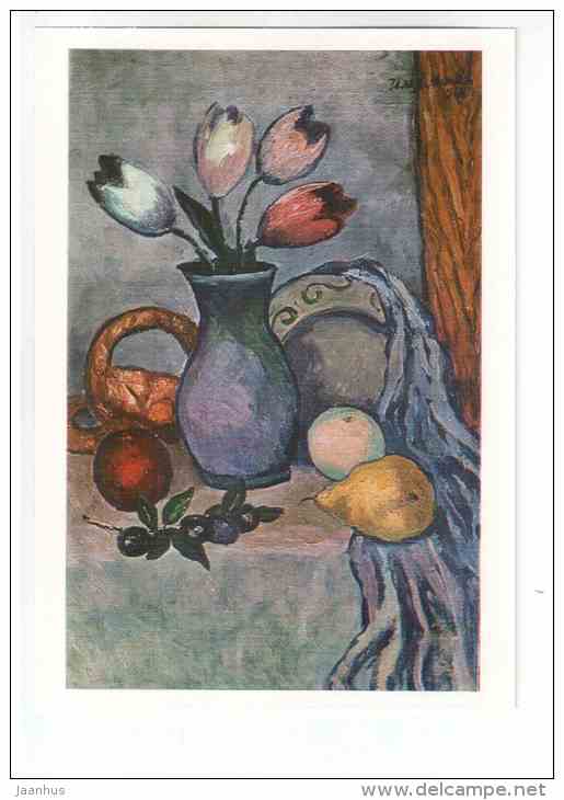 painting by I. I. Mashkov - Fruit and Tulips - still life - russian art - unused - JH Postcards
