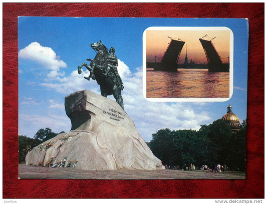 Leningrad - St- Petersburg - palace bridge - monument to Peter I - Bronze Horseman - 1986 - Russia - USSR - unused - JH Postcards