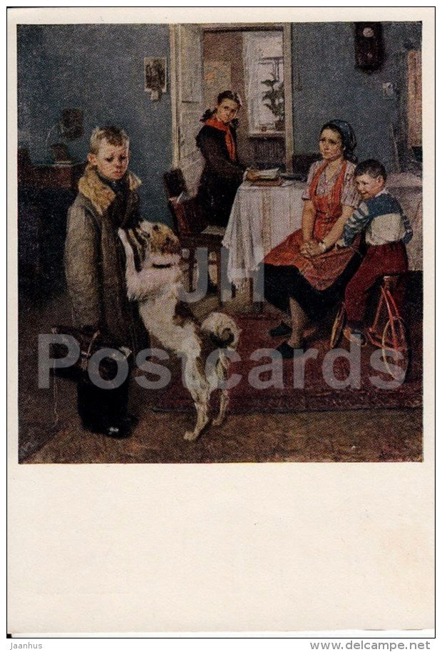 painting by F. Reshetnikov - 1 - Again, a bad grade - boy - bicycle - dog - russian art - unused - JH Postcards