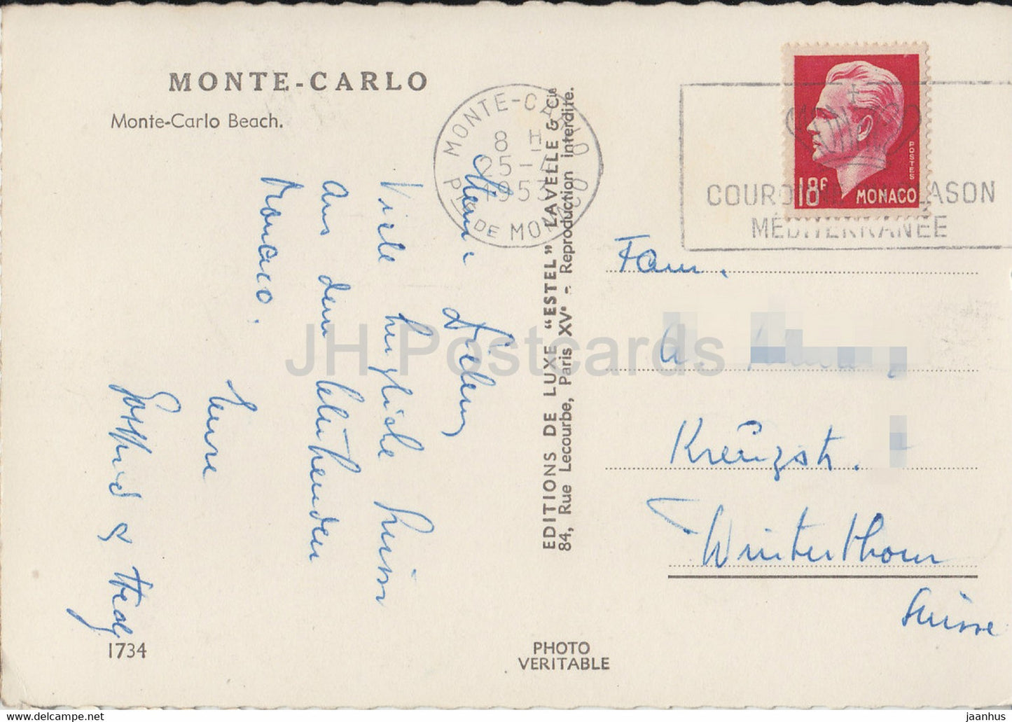 Strand von Monte Carlo - alte Postkarte - 1953 - Monaco - gebraucht