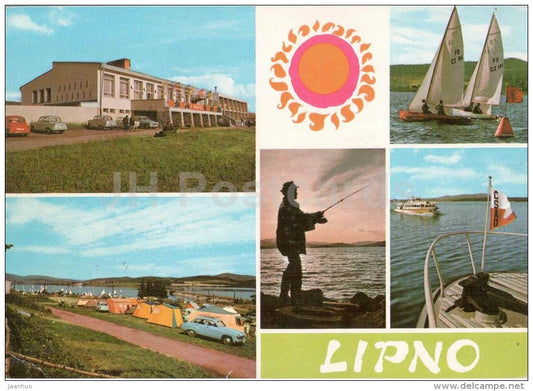 Lipno - camping area - fishing - sailing boat - Czechoslovakia - Czech - used 1971 - JH Postcards