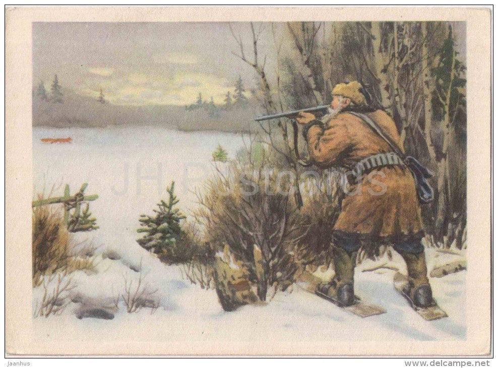 painting by K. Karpov - On the hunt - hunter - fox - rifle - russian art  - unused - JH Postcards