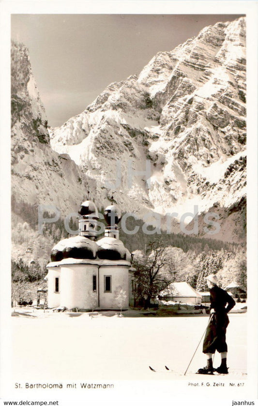 St Bartholoma mit Watzmann - church - Aus dem Berchtesgadener Land - old postcard - Germany - unused - JH Postcards