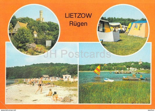 Lietzow - Rugen - Teilansicht - Zeltplatz - Strand am Bodden - Anlegestelle - beach - Germany DDR - unused - JH Postcards