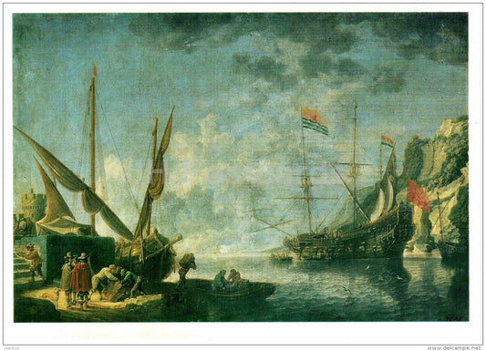 painting by David Teniers the Younger - Sea Harbour , 1650s - sailing ship - Flemish art - unused - JH Postcards