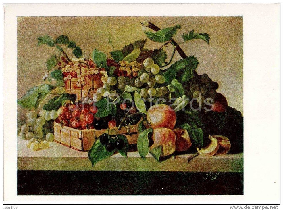 painting by V. Yartsov - Still Life . Beries and Fruits , 1866 - grape - peach - raspberry - russian art - unused - JH Postcards