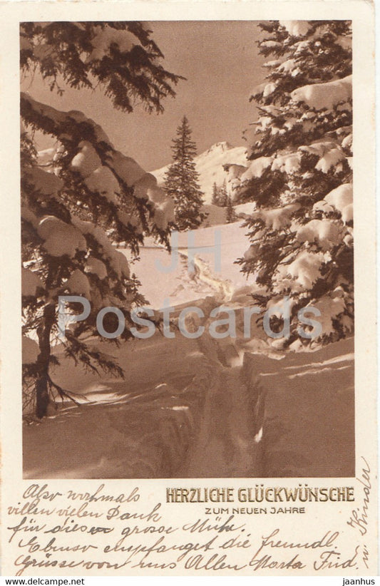 New Year Greeting Card - Herzliche Gluckwunsche zum Neuen Jahre - winter road - BR 9654 - old postcard - Germany - used - JH Postcards