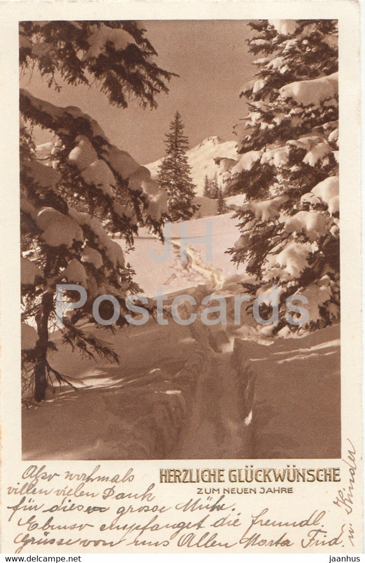 New Year Greeting Card - Herzliche Gluckwunsche zum Neuen Jahre - winter road - BR 9654 - old postcard - Germany - used - JH Postcards