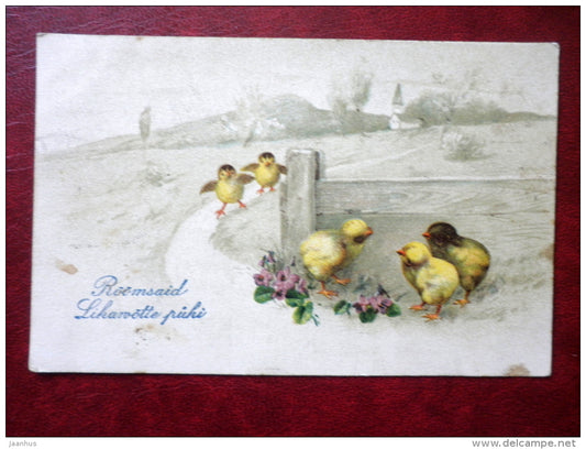 Easter Greeting Card - chicken - fence - church - HWB SER 2076 - circulated in 1926 - Estonia - used - JH Postcards
