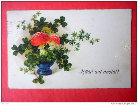 new year greeting card - mushroom - clover - EAS 931 - circulated in Estonia Tallinn 1931 - JH Postcards