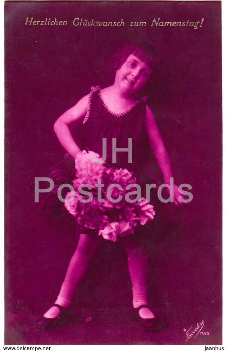 Greeting Card - Herzlichen Gluckwunsch zum Namenstag - girl - Fotocelere 1392 - old postcard - Italy - used - JH Postcards
