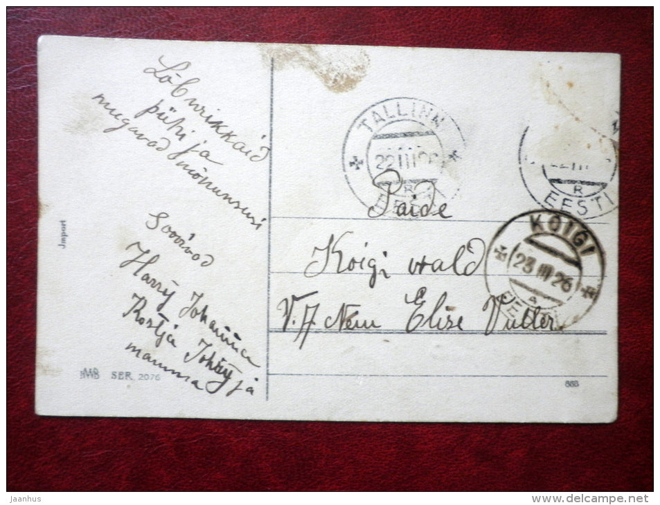 Easter Greeting Card - chicken - fence - church - HWB SER 2076 - circulated in 1926 - Estonia - used - JH Postcards