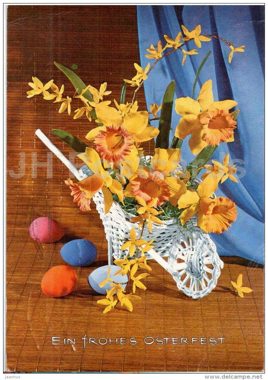 Easter greeting card - Ein frohes Osterfest - eggs - narcissus - daffodil - sent from Austria to Estonia 1974 - JH Postcards