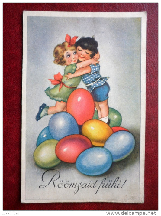 Easter Greeting Card - boy and girl - eggs - IL - circulated in 1940 - Estonia - used - JH Postcards