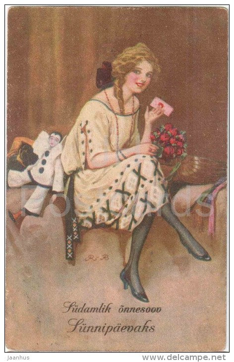 bithday greeting card - young woman - letter - Pierrot - HB Serie 384/2 - circulated in Estonia Sätsuvere 1927 - JH Postcards