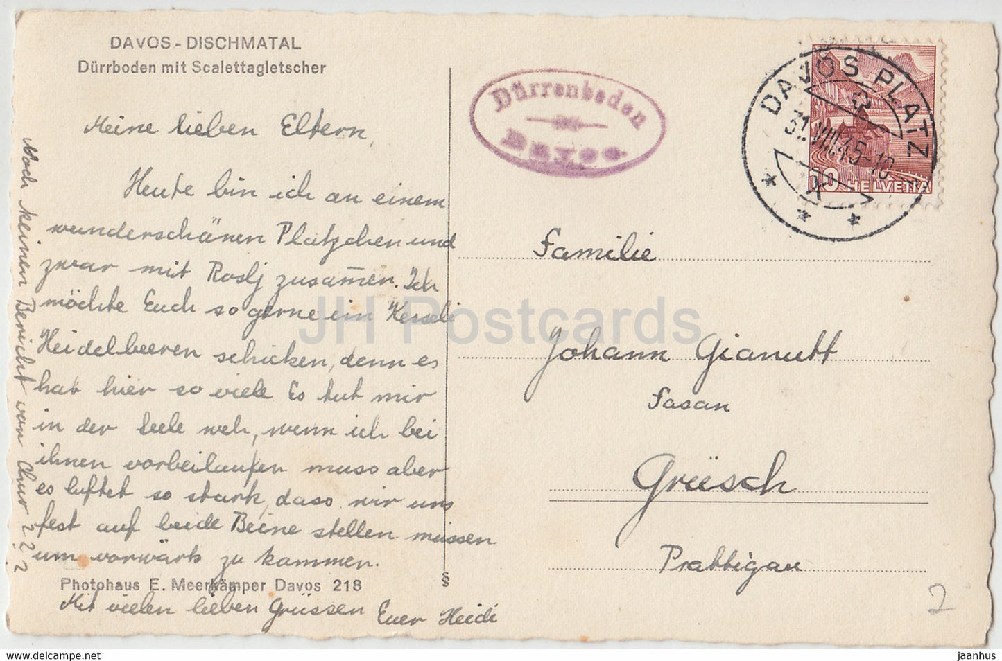 Davos Dischmatal - Dürrboden mit Scalettagletscher - 218 - alte Postkarte - 1945 - Schweiz - gebraucht