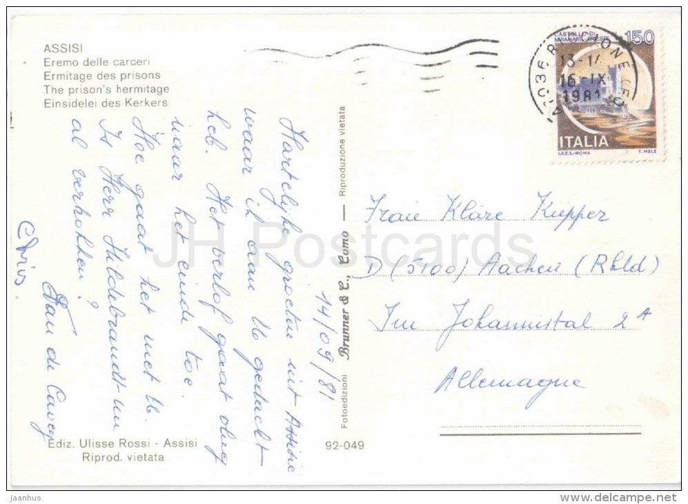Eremo delle Carceri - the prisons Hermitage - Assisi - Umbria - 92-049 - Italia - Italy - sent to Germany 1981 - JH Postcards