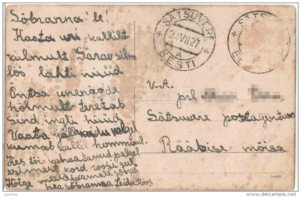 bithday greeting card - young woman - letter - Pierrot - HB Serie 384/2 - circulated in Estonia Sätsuvere 1927 - JH Postcards