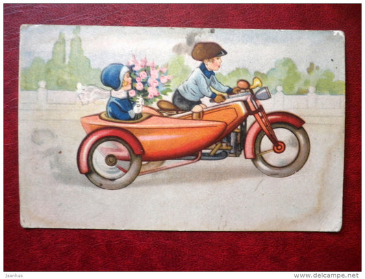 illustration - motorcycle with sidecar - boy and girl - flowers - 313 - circulated in 1934 - Estonia - used - JH Postcards