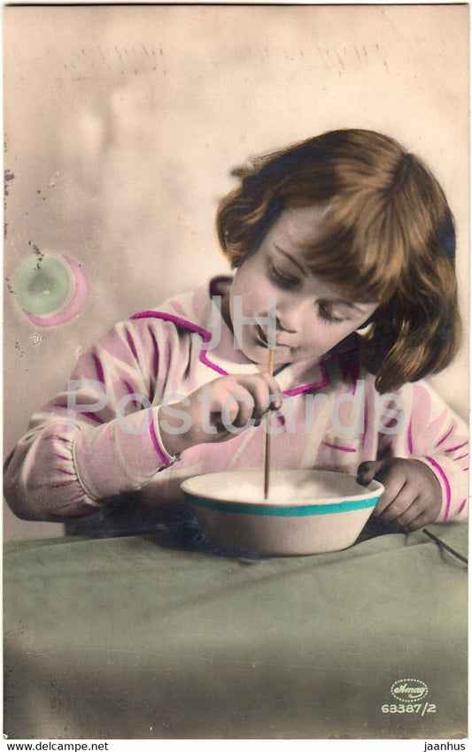 girl - children - blowing bubbles - Amag 63387/2 - Bahnpost Ambulant - old postcard - 1927 - used - JH Postcards