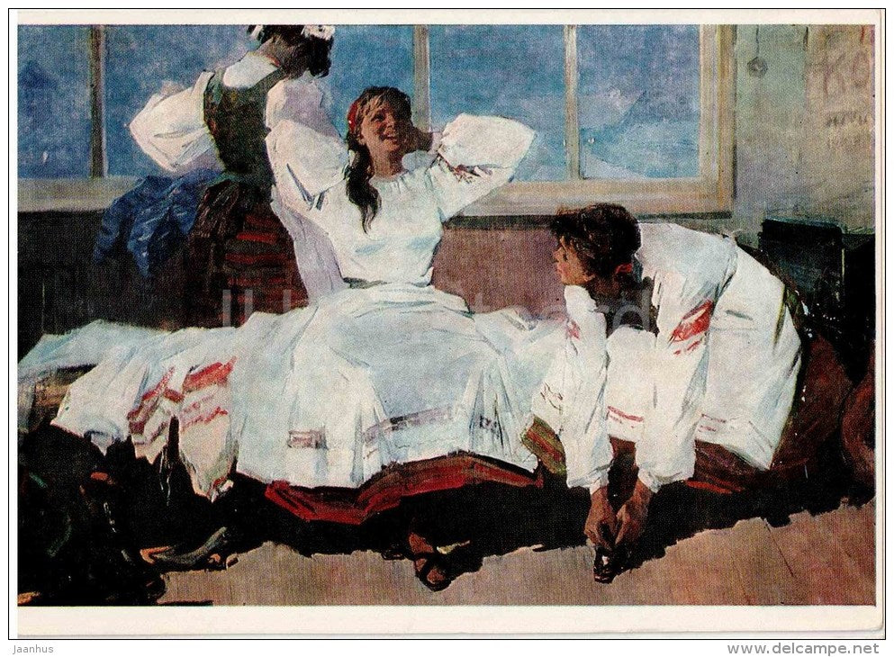 painting by R. Kudrevich - Before the Rehearsal , 1967 - young women - russian art - unused - JH Postcards