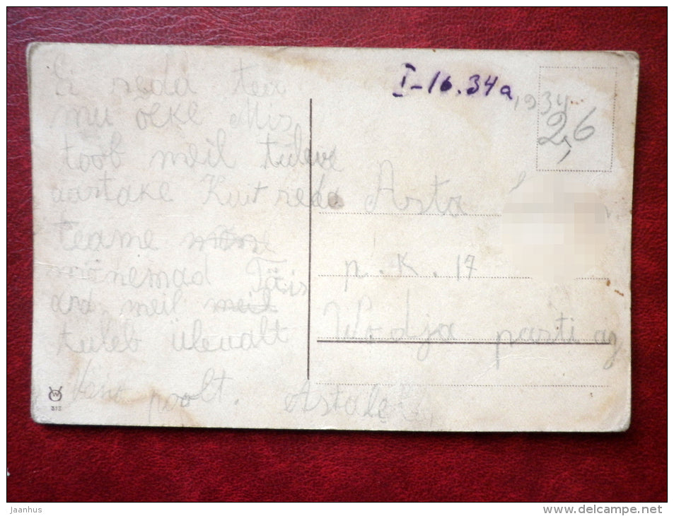 illustration - motorcycle with sidecar - boy and girl - flowers - 313 - circulated in 1934 - Estonia - used - JH Postcards