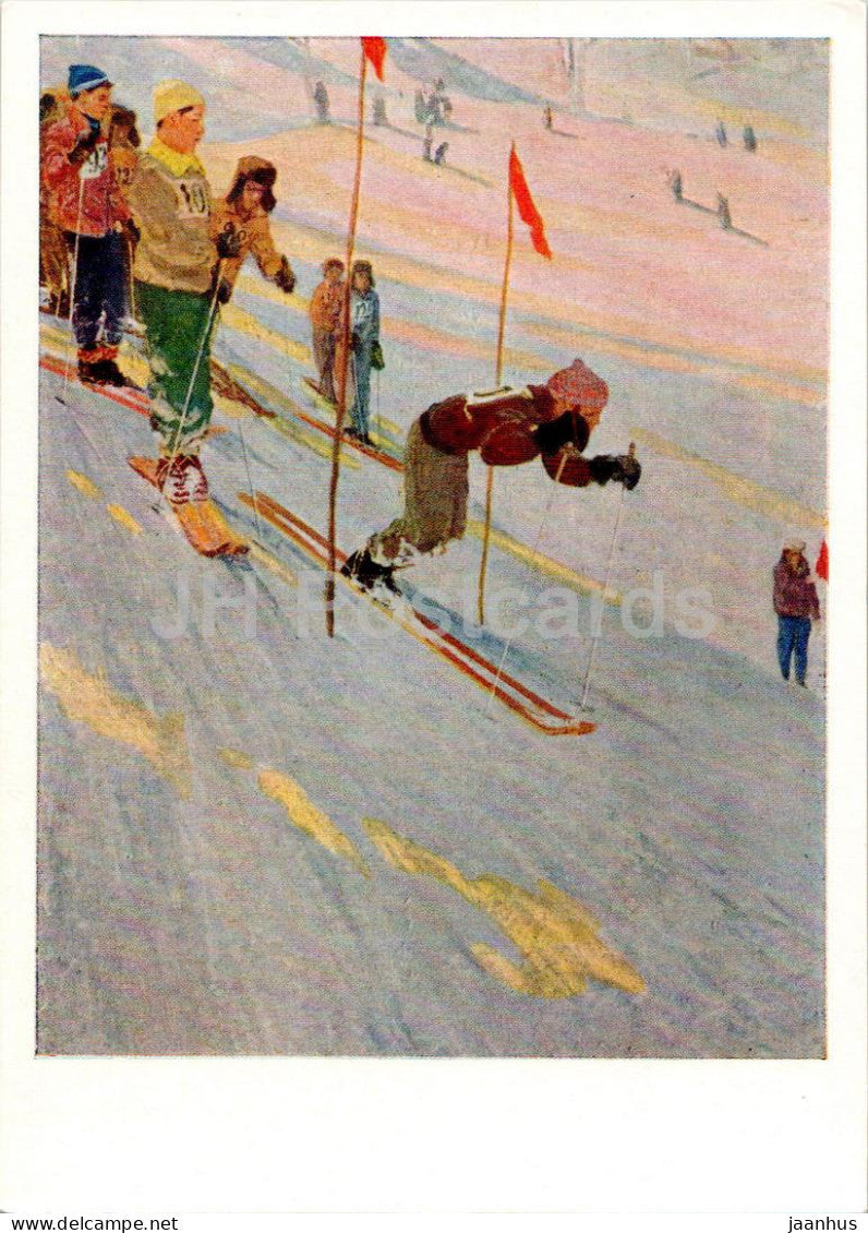 painting by I. Pogozhev - School holidays - Alpine skiing - sport - Russian art - 1963 - Russia USSR - unused - JH Postcards