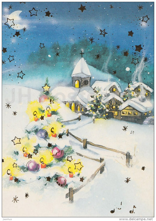 Christmas Greeting Card - church - christmas tree - illustration - Estonia - used in 1999 - JH Postcards