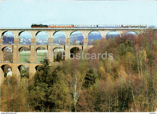 Lok 381182 mit Historischem Rheingold Zug auf der Goltzschtalbrucke train - railway - locomotive - Germany DDR - unused - JH Postcards