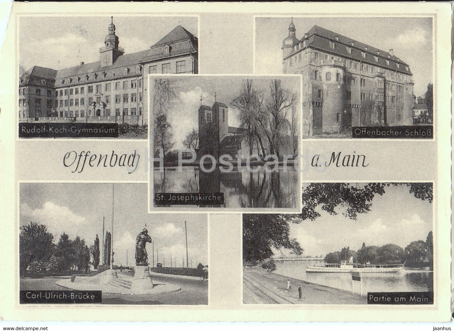 Offenbach a Main - Rudolf Koch Gymnasium - Offenbacher Schloss - Carl Ulrich Brucke - old postcard 1957 - Germany - used - JH Postcards