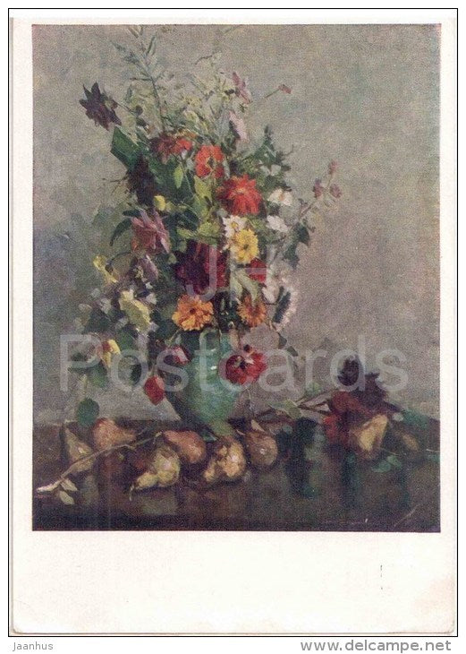painting by E. Reytenburg - Still Life . Flowers and Fruits - peach - russian art - unused - JH Postcards