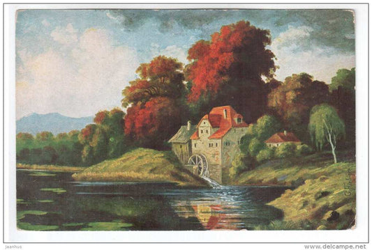 illustration by Fiebiger - watermill - WSSB 6857 - old postcard - unused - JH Postcards