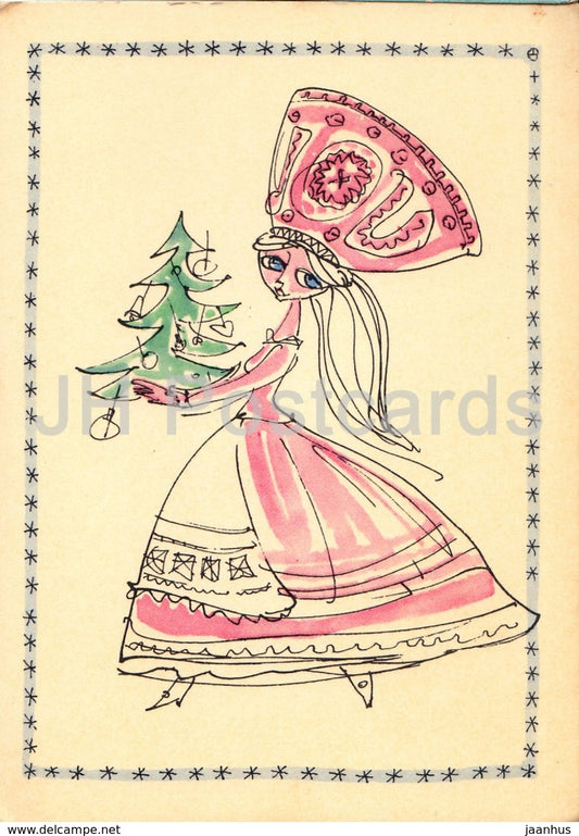 New Year Greeting Card by A. Vender - Woman in Estonian Folk Costumes - Fir Tree - 1968 - Estonia USSR - unused - JH Postcards