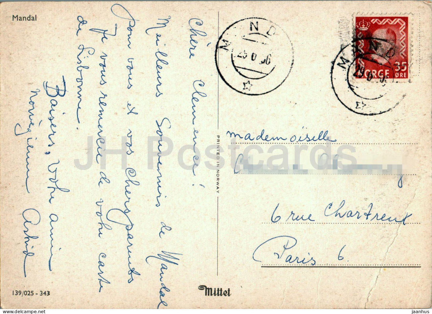 Mandal - carte postale ancienne - 1956 - Norvège - utilisé 