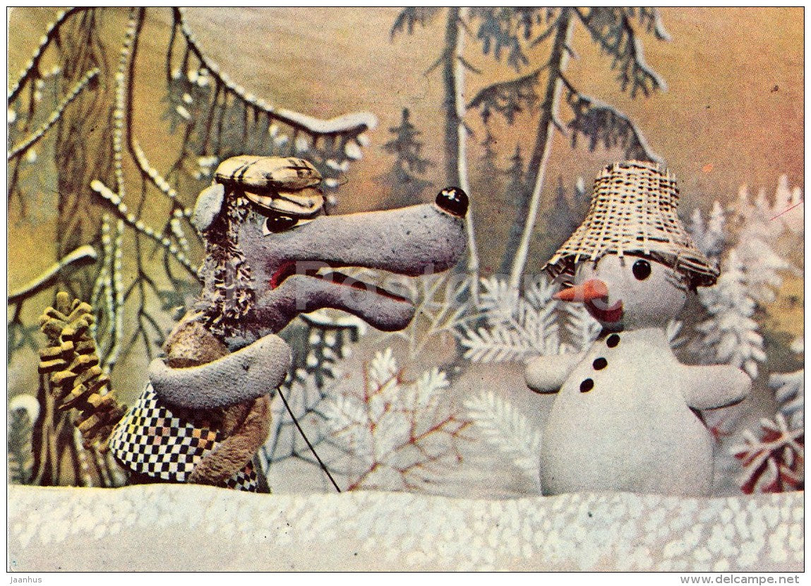 New Year Greeting card - 3 - puppetry - snowman - wolf - 1978 - Estonia USSR - unused - JH Postcards