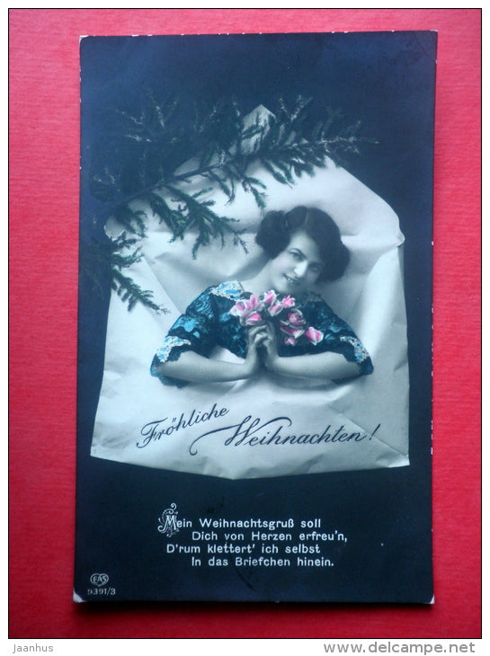 christmas greeting card - woman - envelope - EAS 9391/3 - circulated in Imperial Russia Perm Estonia Jurjew 1913 - JH Postcards
