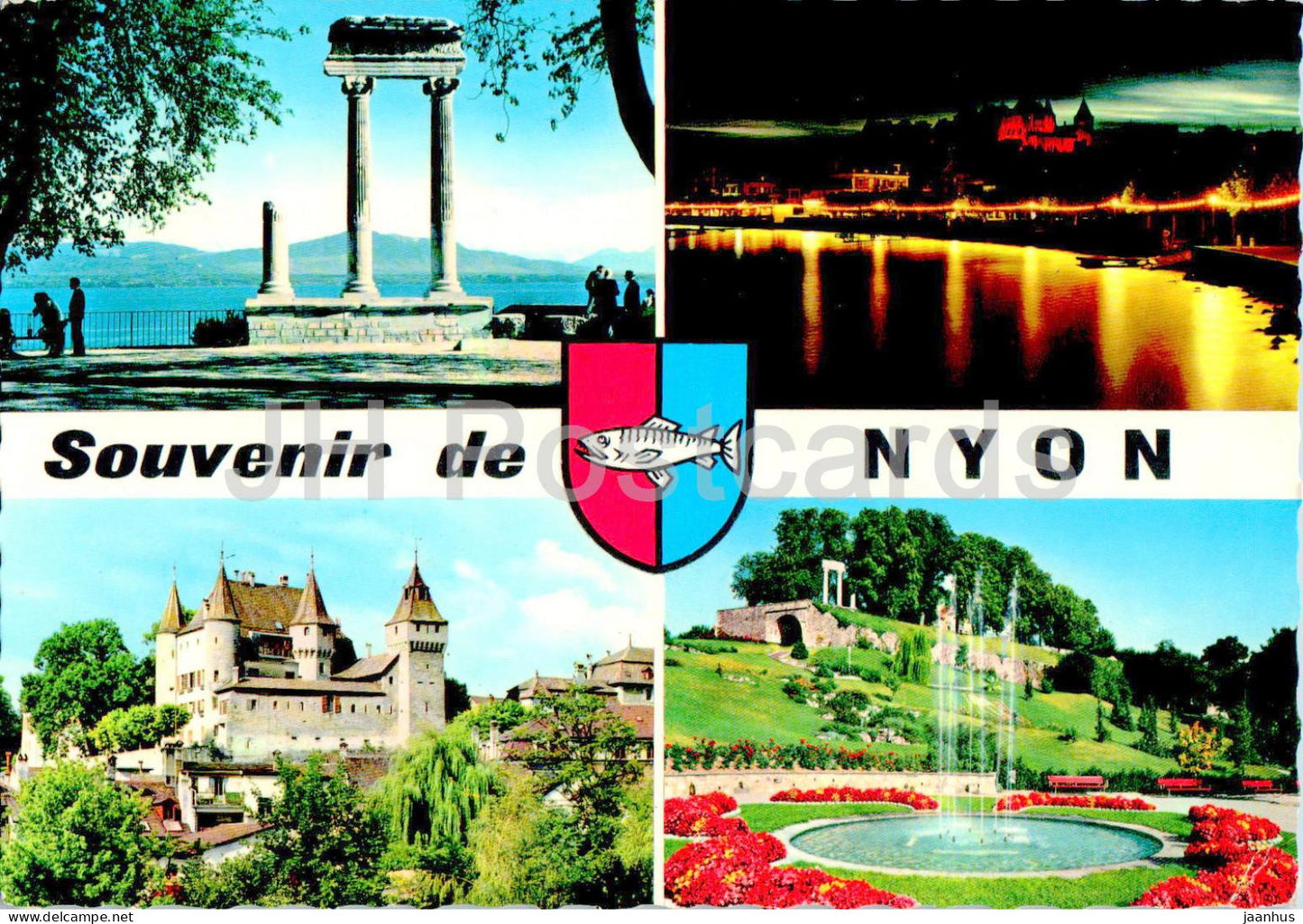 Souvenir de Nyon - Les Colonnes Romaines et le Mont Blanc - Le Chateau - multiview - 2944 - 1968 - Switzerland - used - JH Postcards