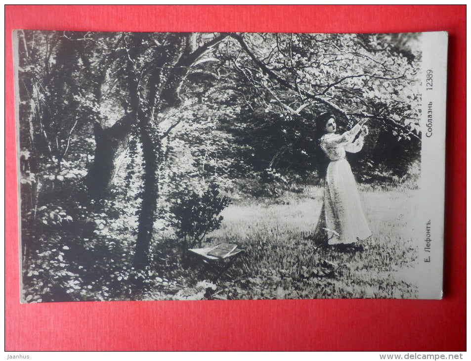 painting by E. Lefont - woman - apple tree - 12389 - russian art - sent from Petrograd to Estonia Imperial Russia 1915 - JH Postcards