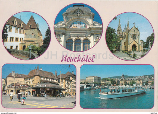 Neuchatel - chateau - Beaux-Arts - Collegiale - Place Pury - Port - passenger boat - Switzerland - used - JH Postcards
